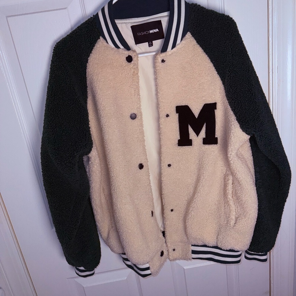 Fashion Nova Cream and Black Varsity Jacket - Picture 4 of 6